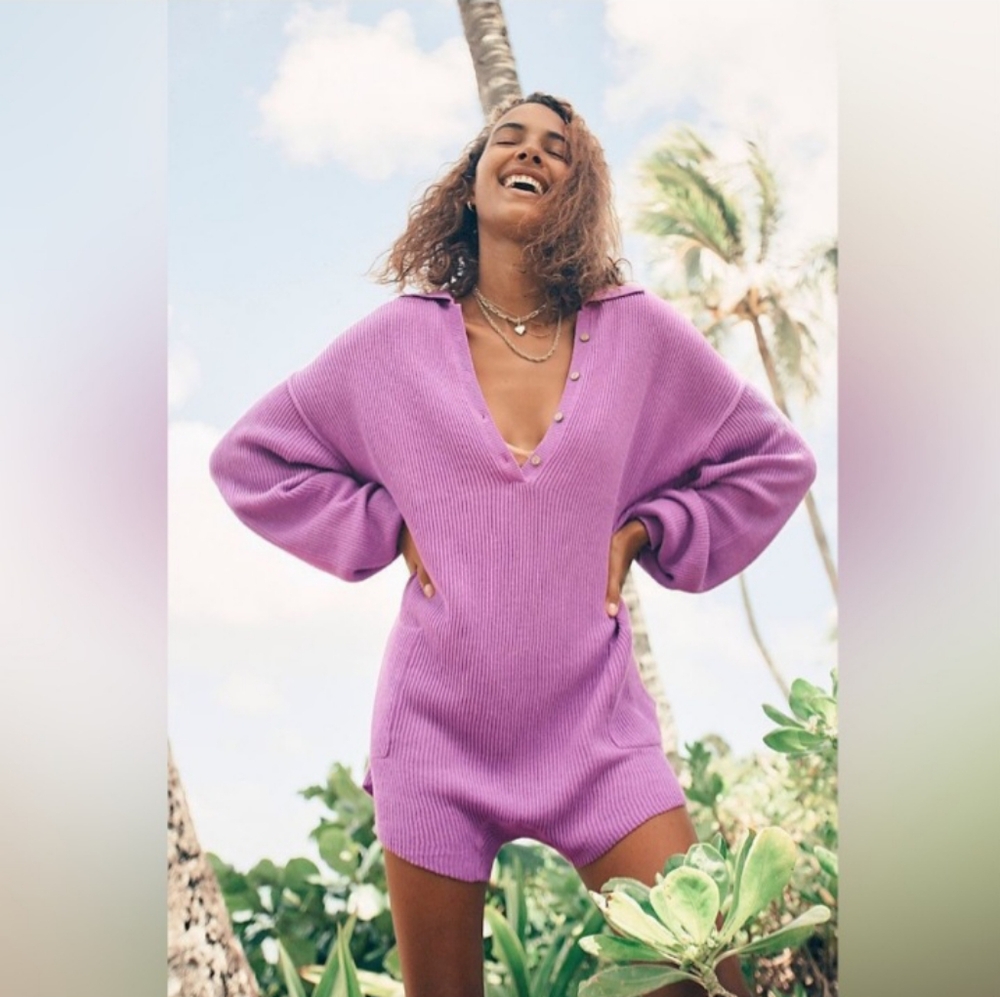Free People Beach Romper Picnic Pink Sweater Size M